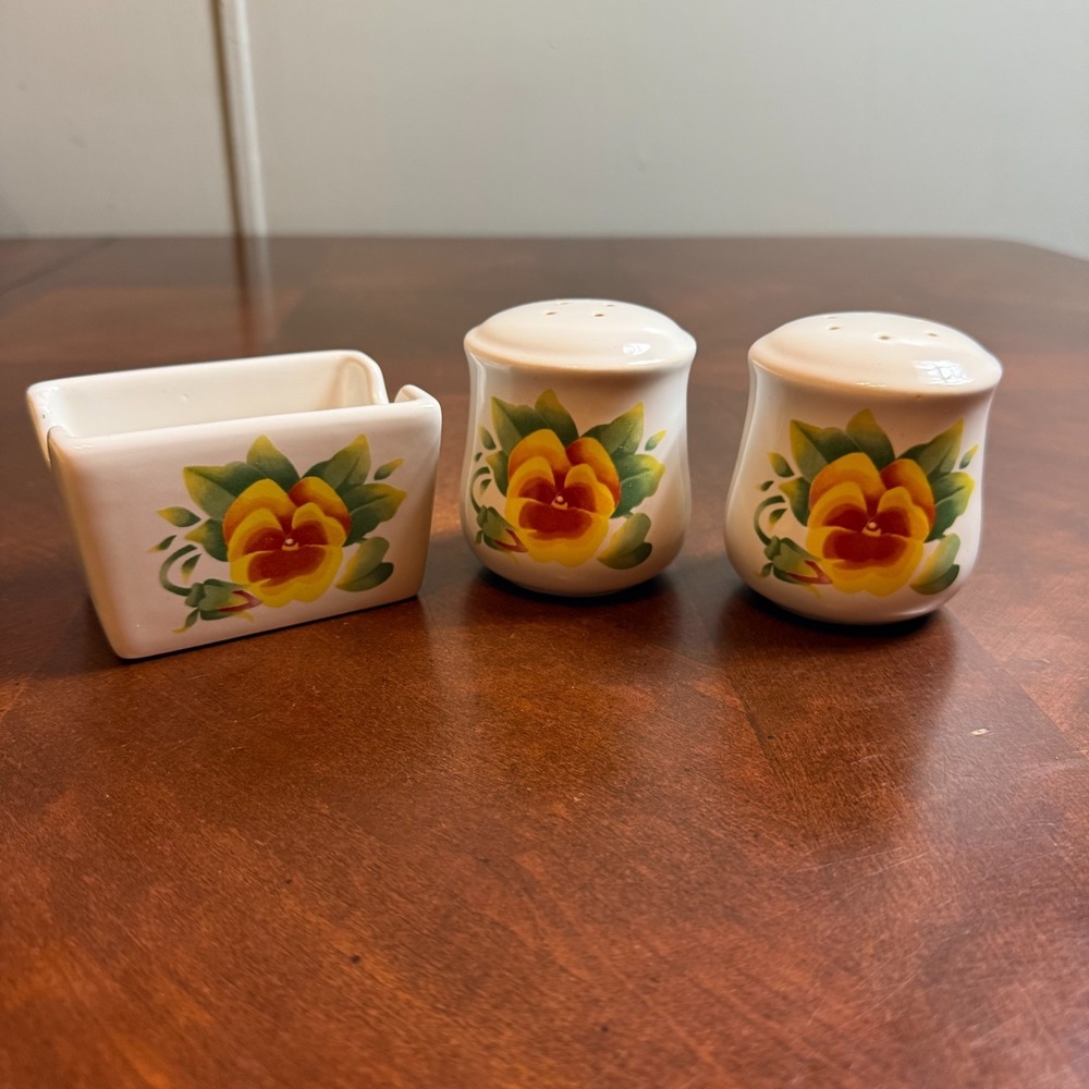 Vtg 90's Corelle Summer Blush Salt and Pepper‎ Shaker Sugar Holder  Set Pansy